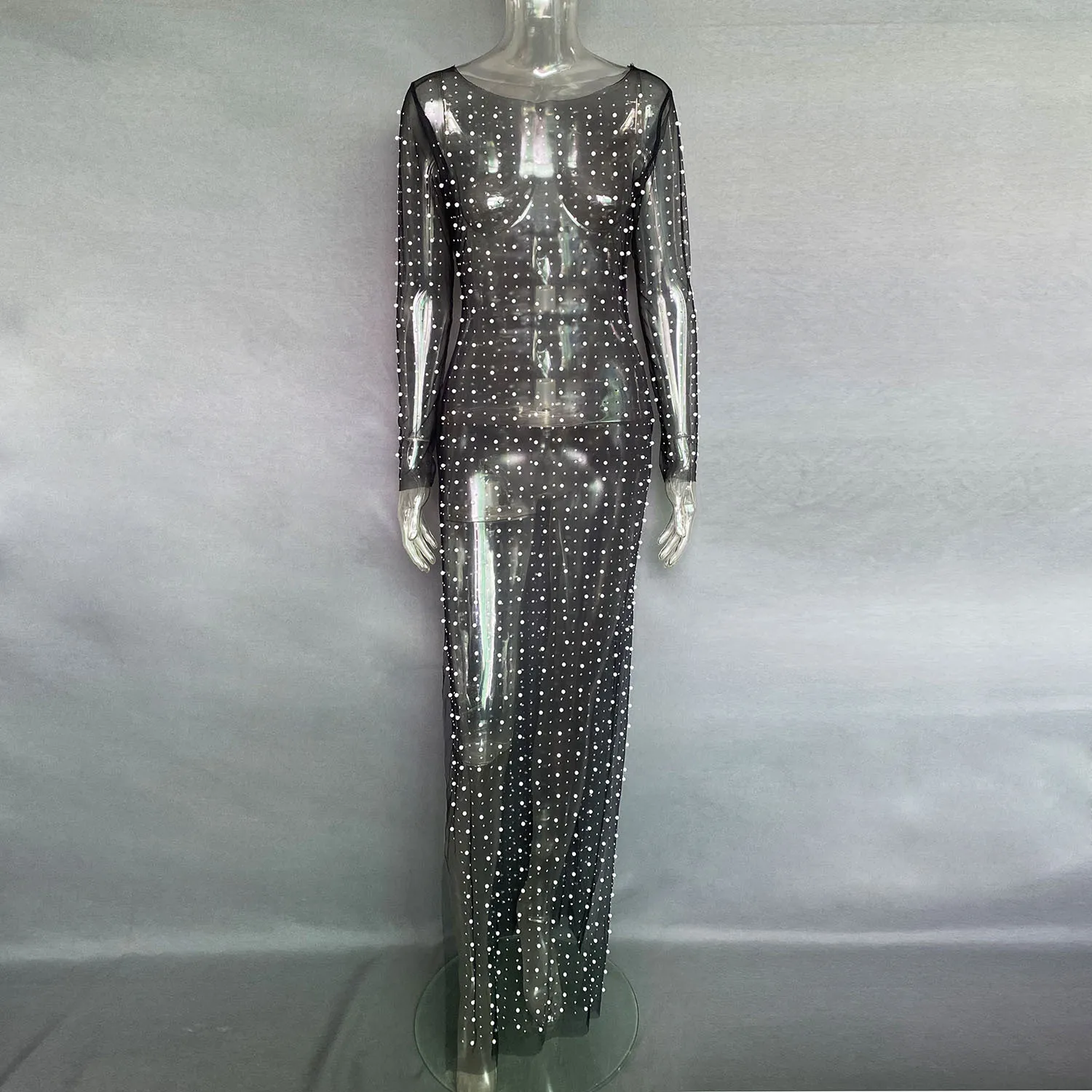 Vestido playero elegante de manga larga con perlas transparentes y decoración de diamantes para mujer, vestido playero liso dividido