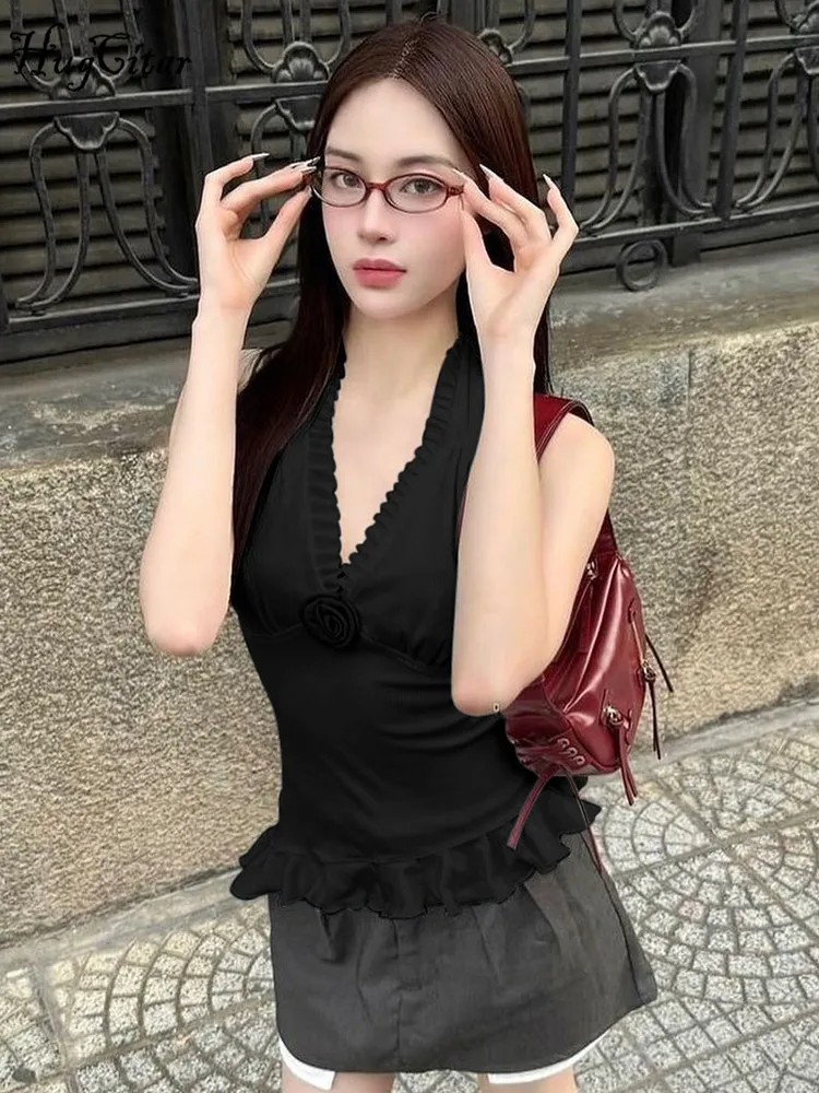 Hugcitar 솔리드 홀터 V넥 러플 백리스 타이 플라워, 섹시한 레이스업, 귀여운 캐미스 탑, 여성 패션, Y2K 의류, 파티 휴가