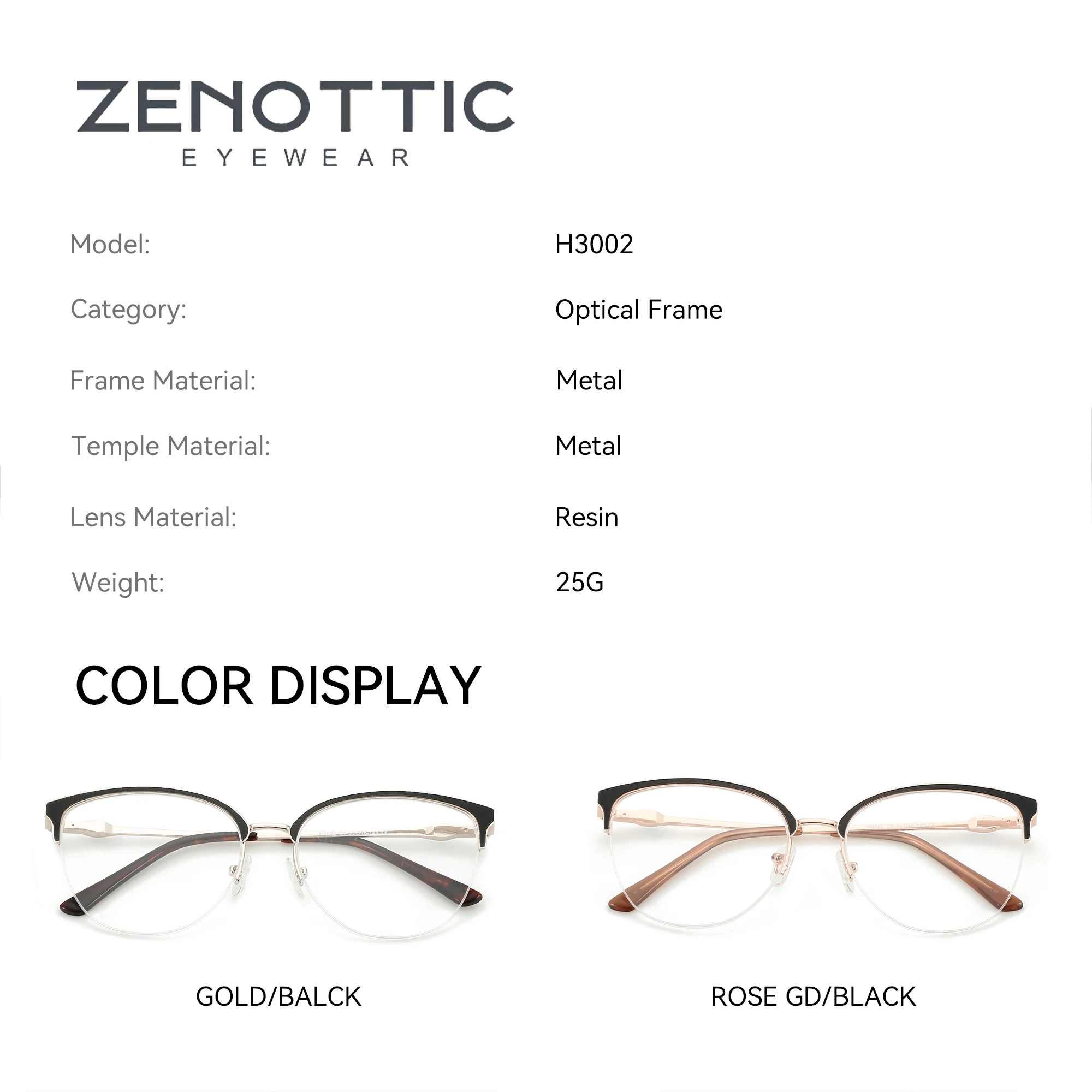 ZENOTTIC 2024 패션 고양이 눈 광학 안경 프레임, 고품질 금속 안경 나비, 처방 불가 안경 H3002