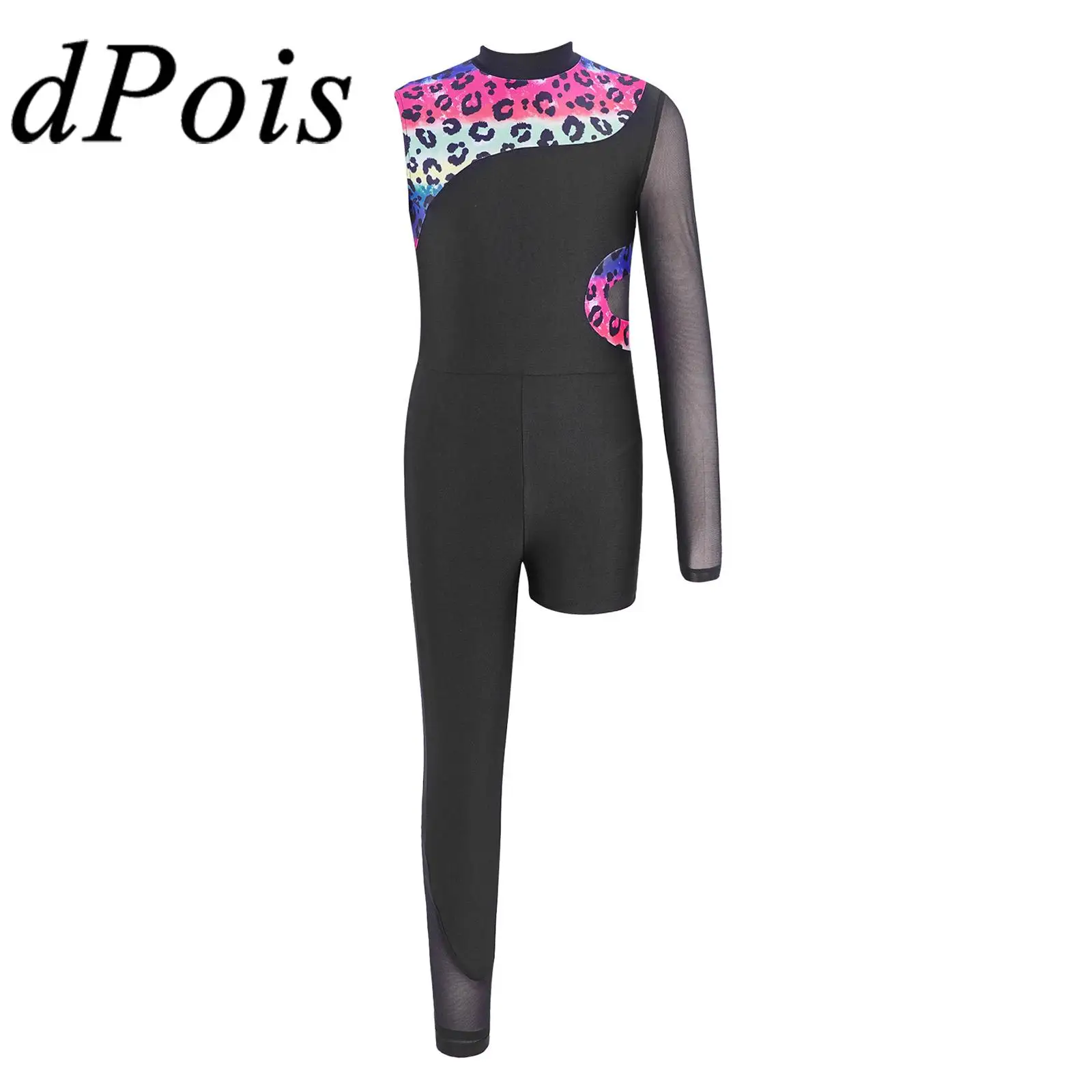 

Kids Girls Gymnastics Leotard Mesh Long Sleeve Asymmetrical Stretchy Unitard Ballet Dance Costume Stage Performance Costume