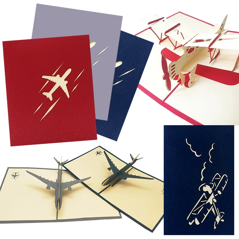 3D Airplane Greeting Card Foldable Paper Carving Card for Festival Birthday Party Invitation Creative Ornament 1PC