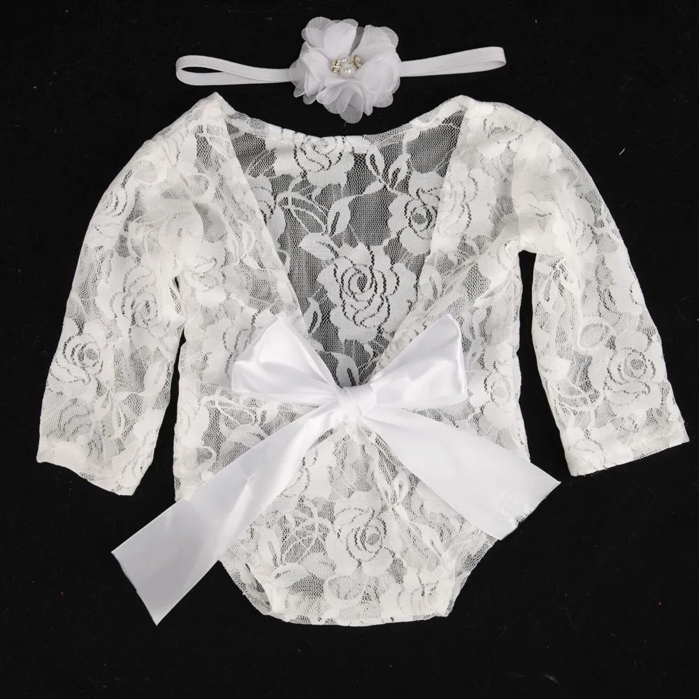 Baby Photography Props and Costumes Newborn Baby Photograph Clothing Lace Long Sleeve Pearl Rompers Photography Props