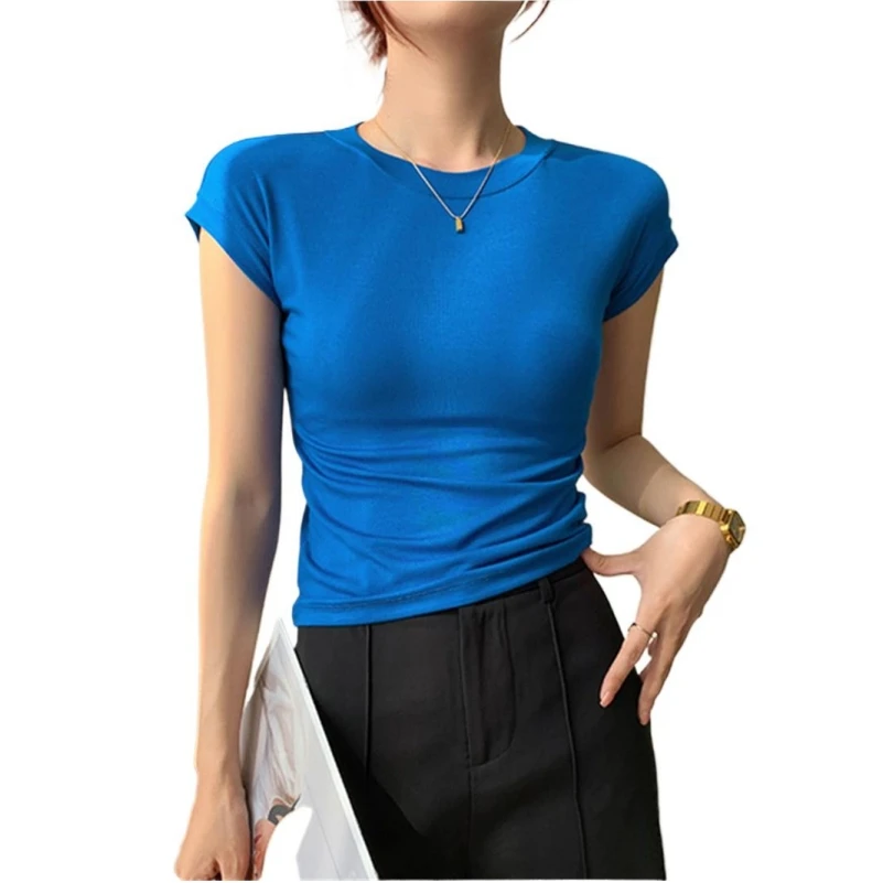 

Summer Knitted Cotton Women O-Neck Tops Tight Fitting Fashion Short Sleeve Soft Bottomingshirts Basic Versatility Shirts Camisas