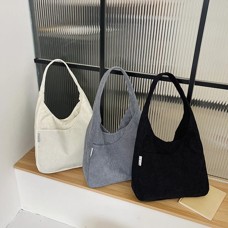Canvas Shoulder Women's Tote Bag Corduroy Simple Casual Large Capacity Designer Handbags For Travel Solid Shopper Bag