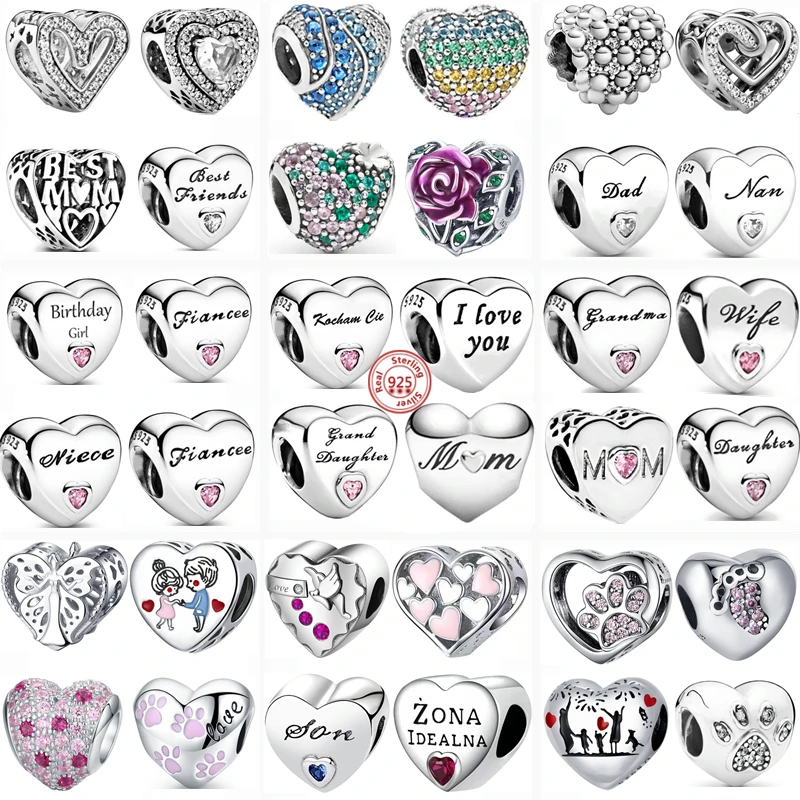 

925 Sterling Silver Mom Dad Wife Friends Pavé Heart Series Beads Fit Original Pandora Charms Bracelet Women Fashion Jewelry Gift