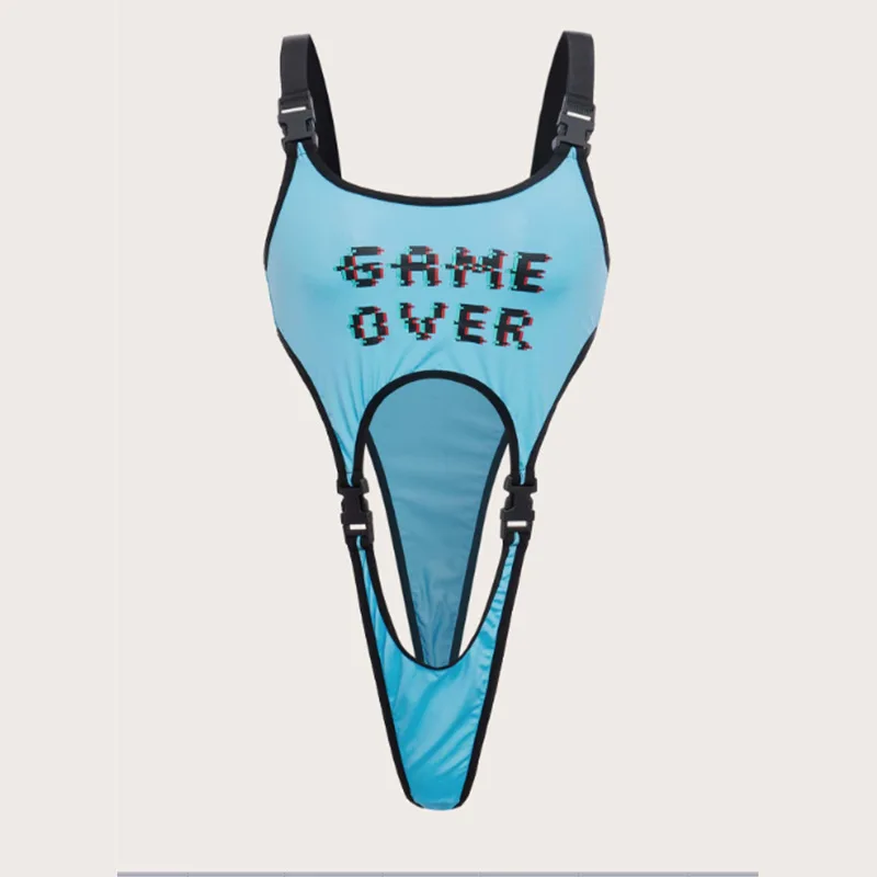 Anime Slogan Graphic Buckle Decor Teddy Bodysuit Lingerie Women's Sexy One-Piece Teddy Lingerie