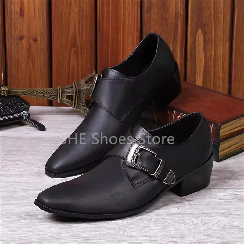 Square Buckle Genuine Leather Loafers for Men Pointed Toe Low Heel Shallow Lace-Up Oxfords Male Casual Shoes Dress Flates