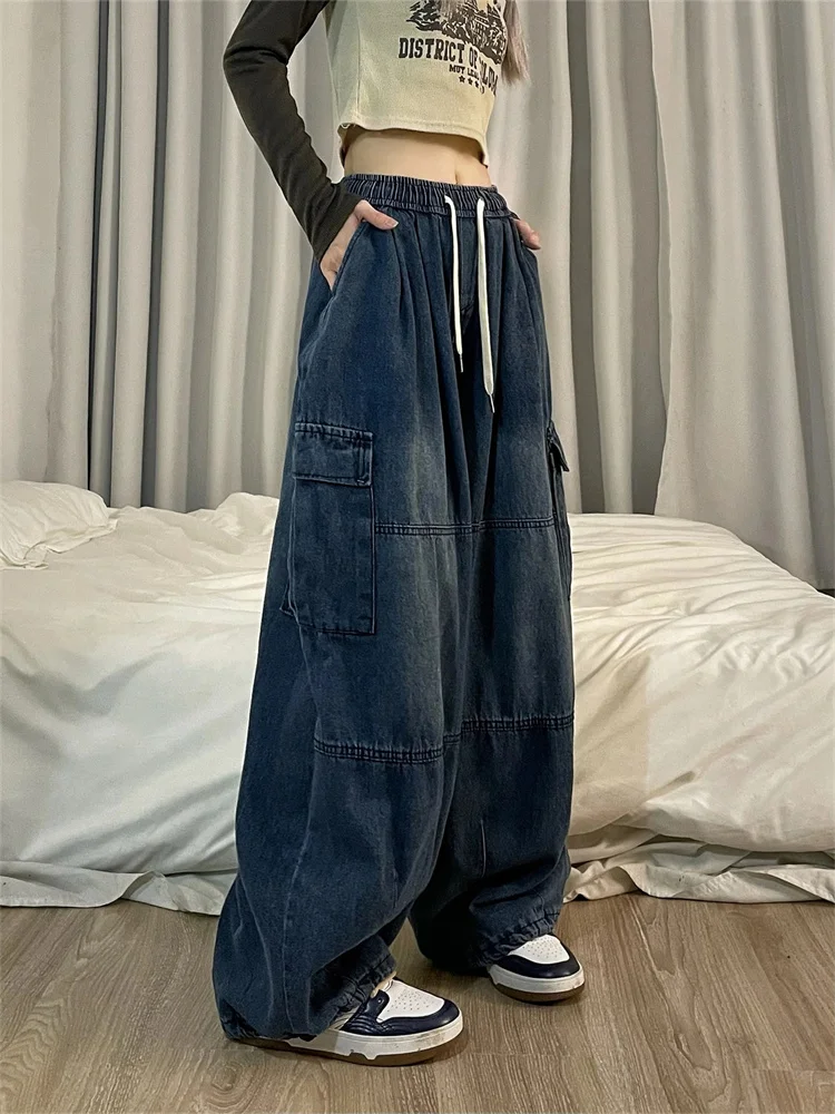 FAGADOER Harajuku Cargo Pants Denim Baggy Jeans Women Vintage 90s Y2k  Streetwear Pockets Oversized Wide Leg Denim Pants Trousers - AliExpress