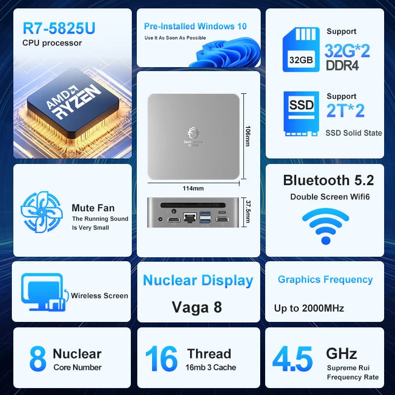 GenMachine New AMD Ryzen 7 5825U Windows 11 Pro MINI PC DDR4 16/32GB 256/512GB SSD WIFI6 RTL8852, BT5.2 Desktop Gaming Computer 5