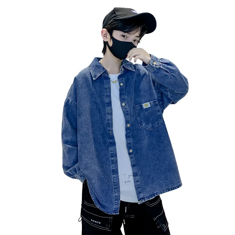 Boys' Denim Shirt Slim Fit Collared Jacket Spring Autumn Wear Kids' Fashionable Cool Street Style Upper Apparel