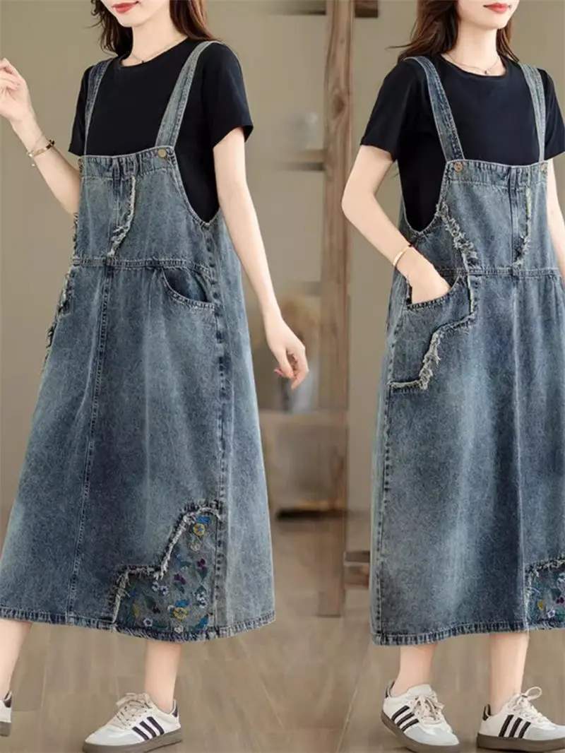 

New Loose Casual Retro Strap Dress 2024 Spring Summer Fashion Denim Overall Dress For Women's Embroidery Jeans Vestido K1339