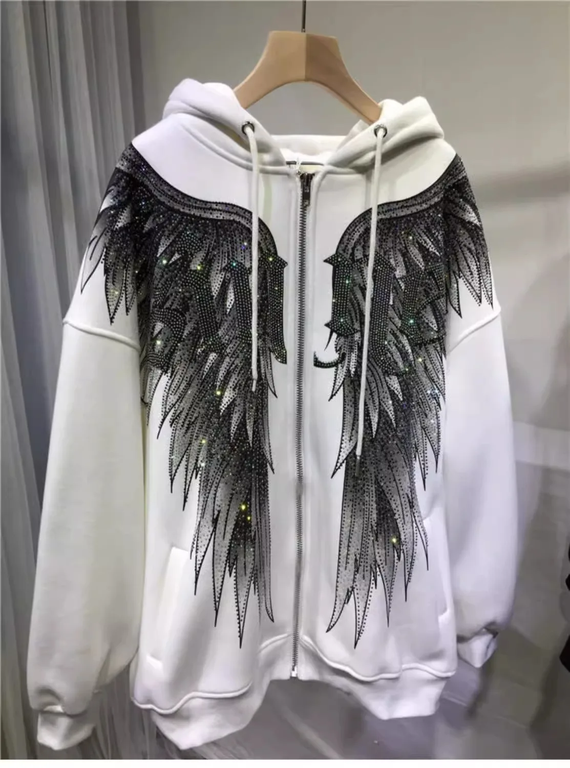 Plus Size Rhinestone Wing Luxury Zip Up Hoodies for Women