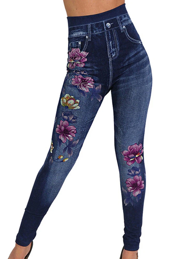 

Леггинсы женские из искусственных джинсов, мягкие тренировочные трико с цветочным принтом, штаны с завышенной талией для спортзала и йоги