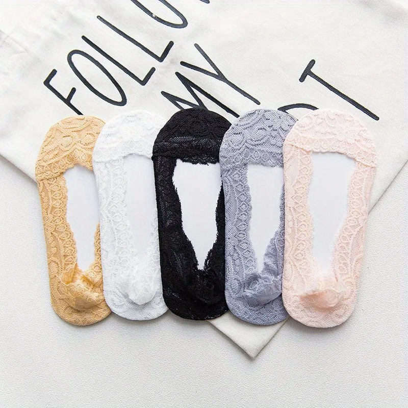 Woman Socks 6 Pairs Floral Pattern Lace Summer Non-slip Silicone No Show Boat Breathable Ballerina