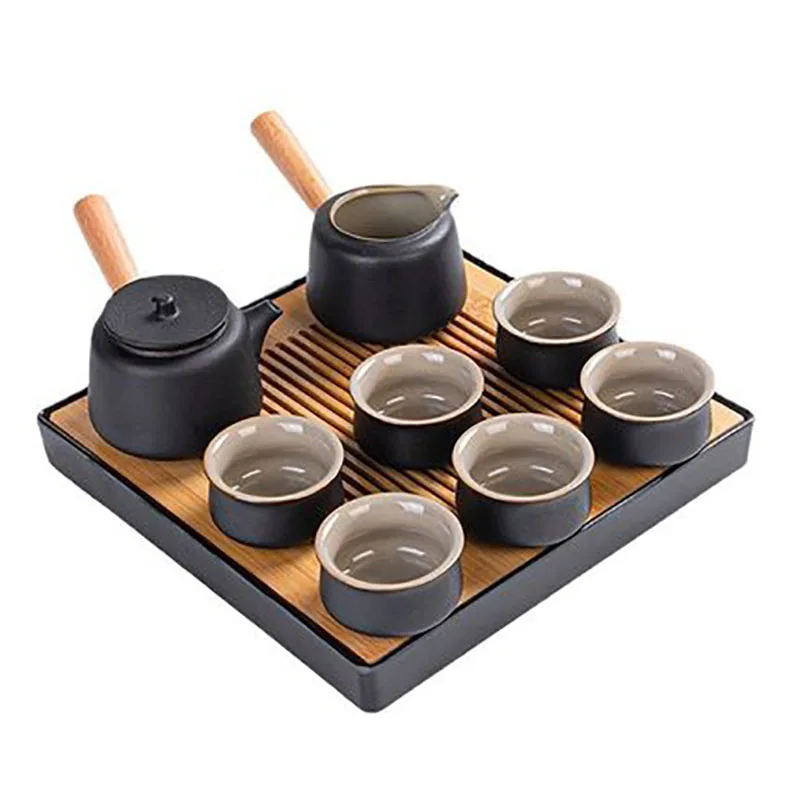 Black Pottery Tea Ceremony Set, Ceramic Kung Fu Teapot Set, Zen Style Tea Service Set with Tea Caddy, Gift Set