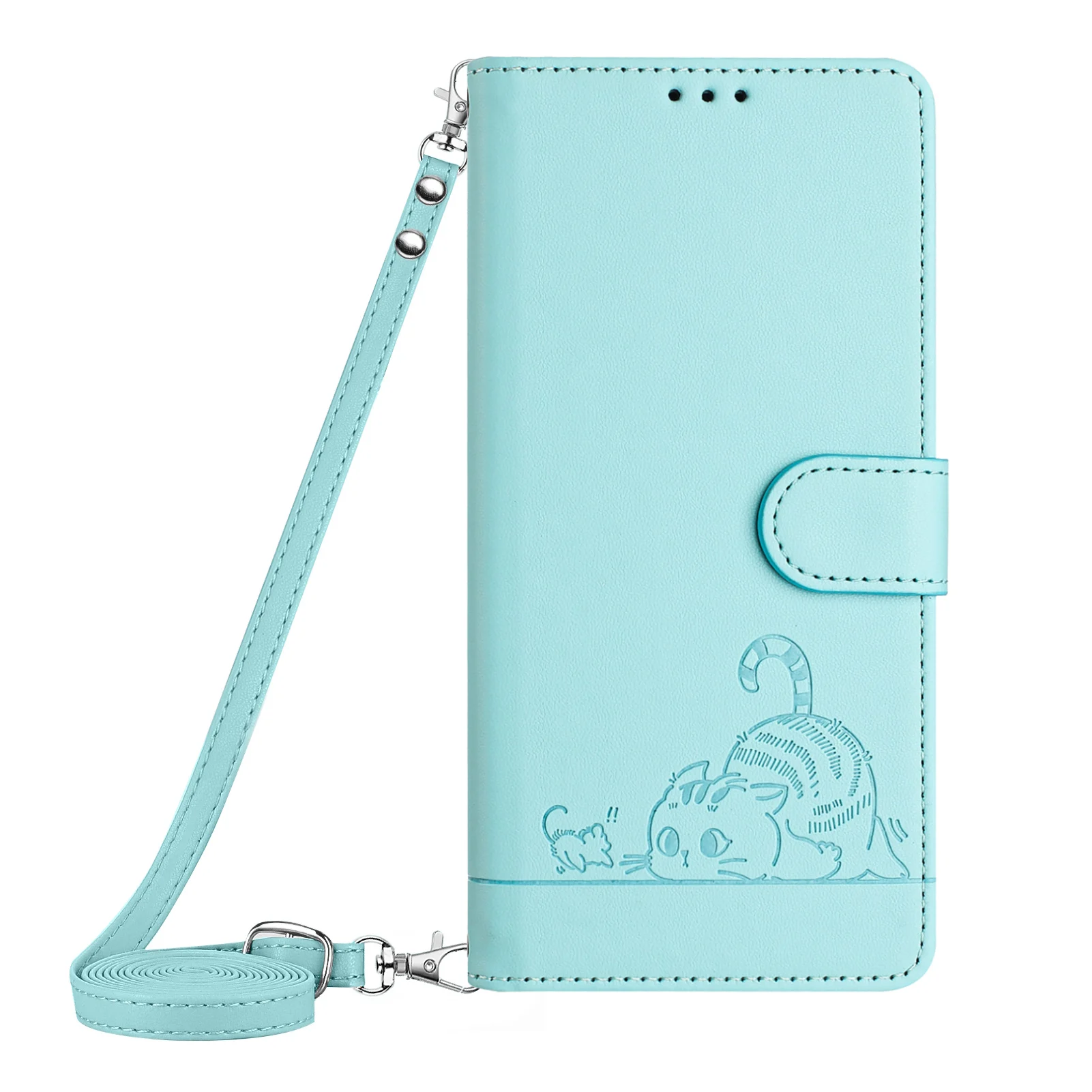Charming Cat Crossbody Leather Wallet Phone Case with Lanyard and Card Slots