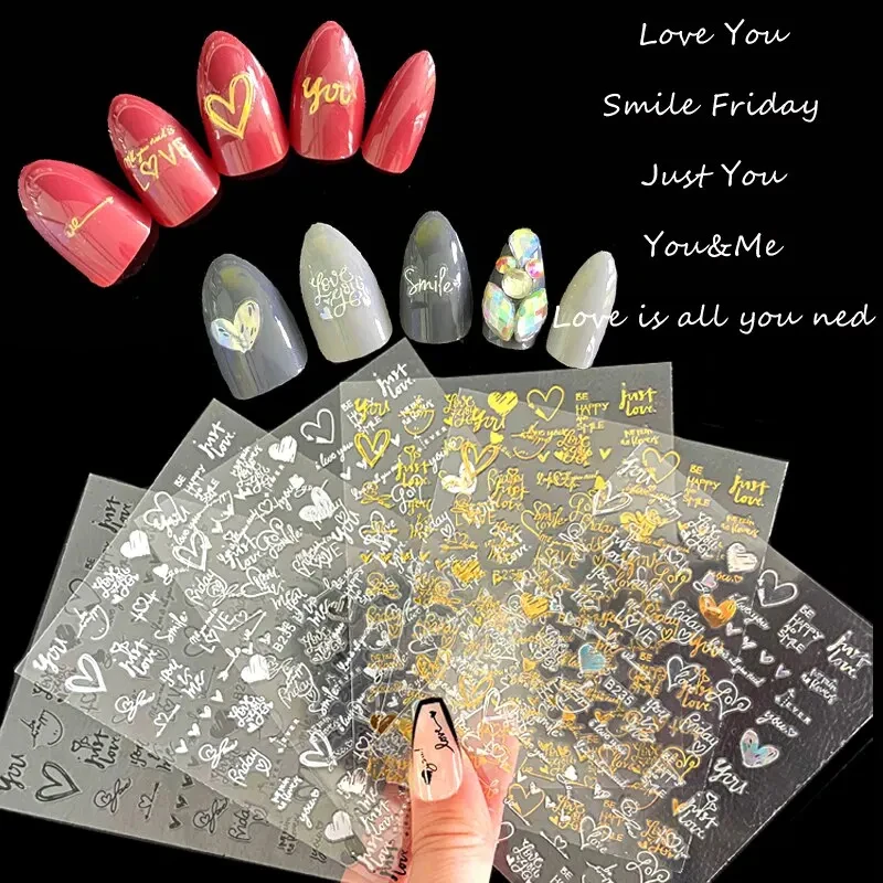 Nail Stickers 6Pcs/Pack Laser Gold Silver 3D Love Heart Letter Image Ins Style DIY Foils Accessories