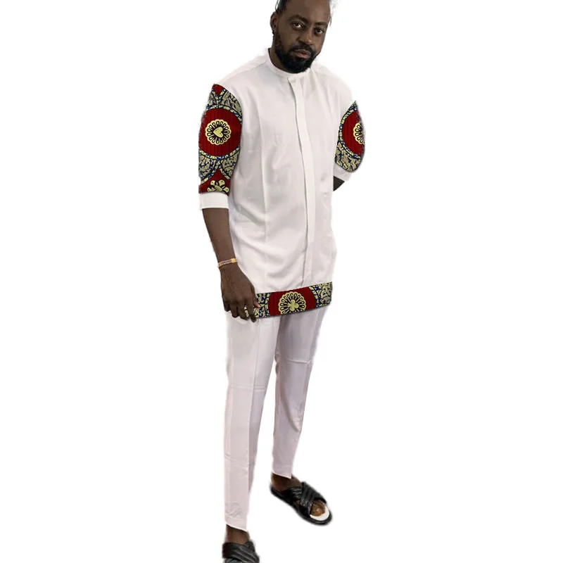 African Fashion White Men's Set Outfits 3/4 Sleeve Shirt With Pant Nigerian Print Original Design Groom Suits Party Wear 3