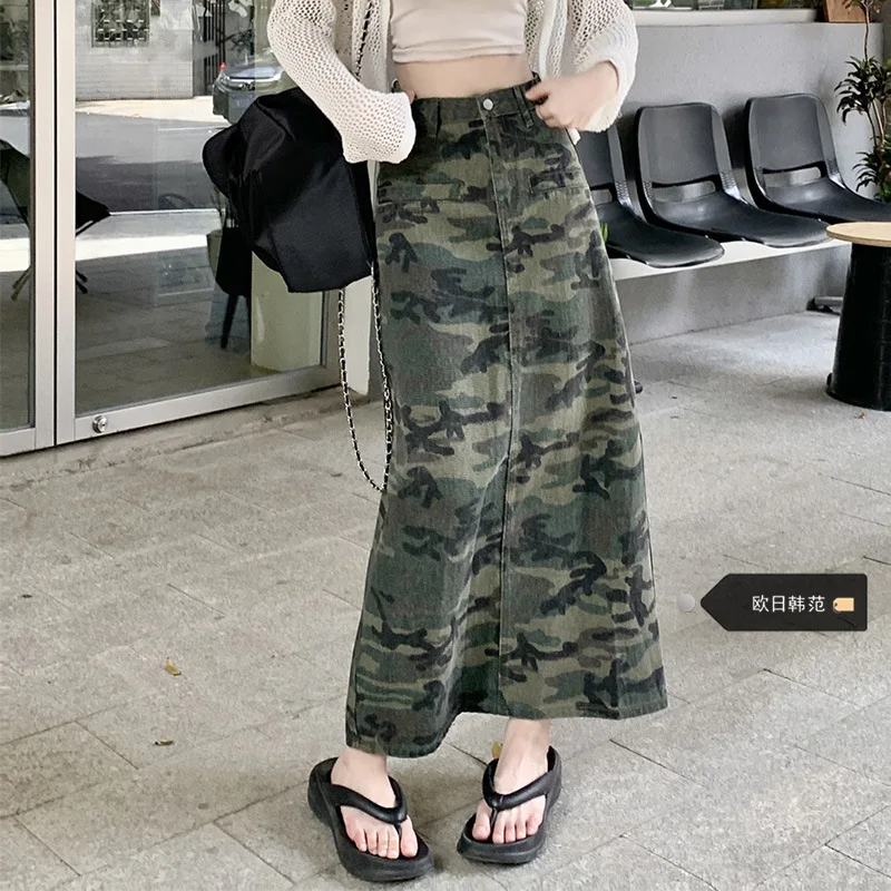 retro camouflage split denim skirt, women's chubby mm autumn high waisted A-line buttocks wrapped work dress, half skirt leadcore braided camouflage carp fishing line