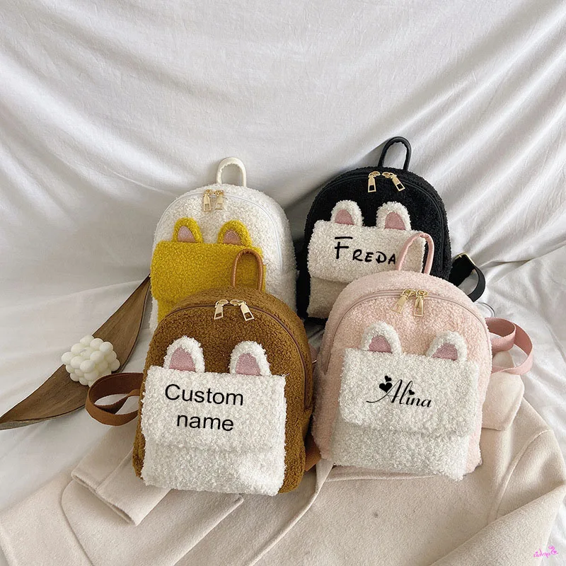 

Personalised Bunny Backpack, Custom Name Cute Mini Backpacks for Girls Plush Rabbit Ear Satchel Fuzzy Bunny Purse Handbags