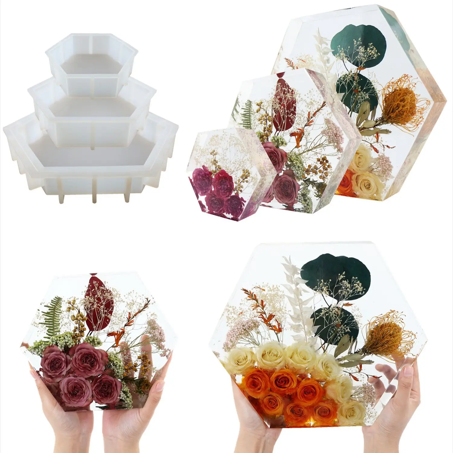 Grand Kit De Moules En Silicone Pour Moulage De Résine, Moules En Résine époxy Pour La Conservation Des Fleurs, Fournitures En Résine Y Compris Hexagonal, Carré, Cœur, Sphère, Pyramide, Cube, Coussin