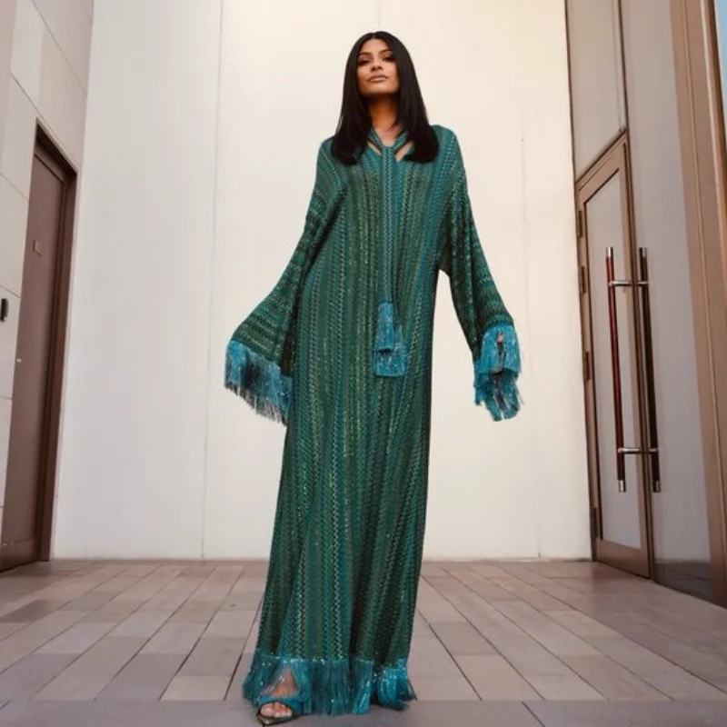 Vintage élégant féminin gland Robe écharpe décontracté ample tricot longue Robe femmes Designers fluide modeste Chic été plage
