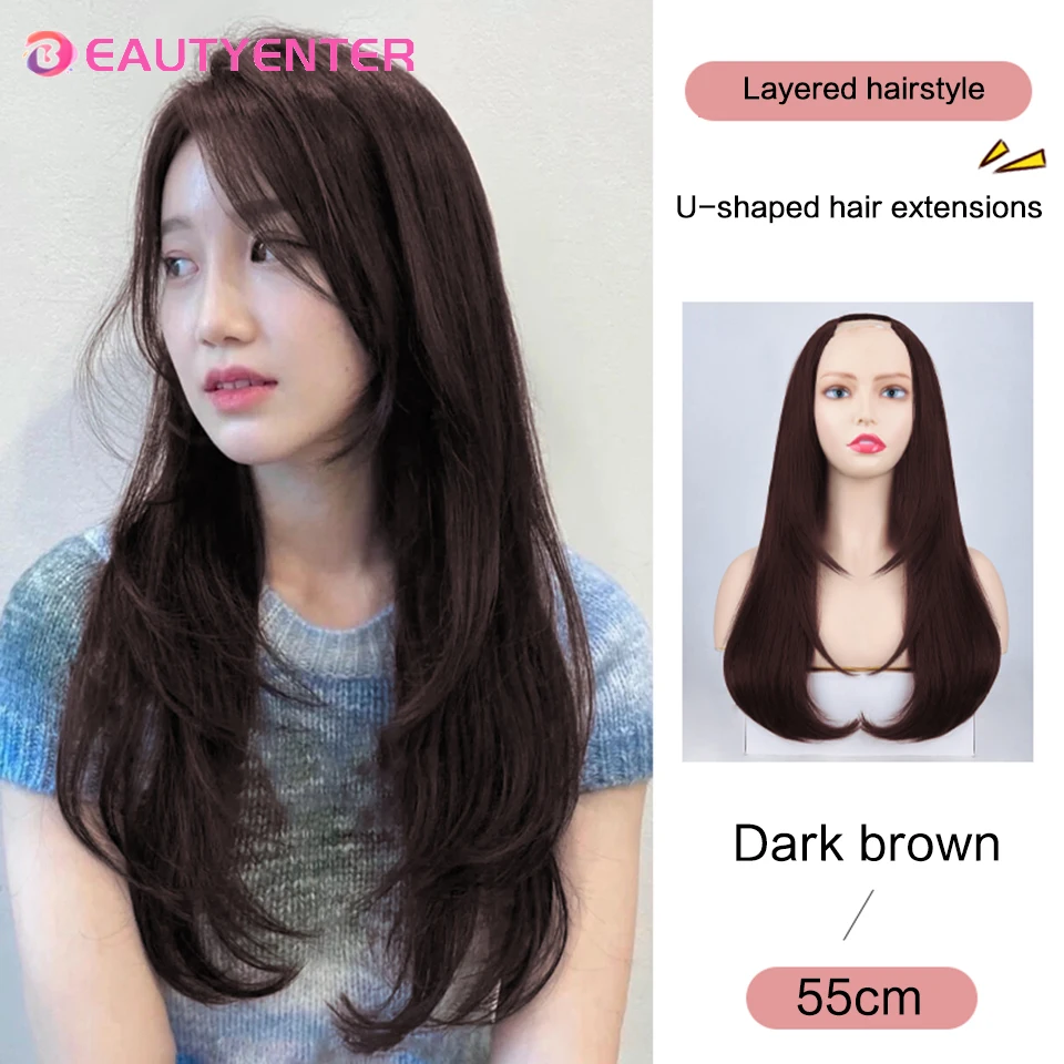 BEAUTY U-shaped Hair Extension Synthetic Hair Long Straight Clip In Hair Extensions False Hair Black Ren Hair Pieces for Women images - 6