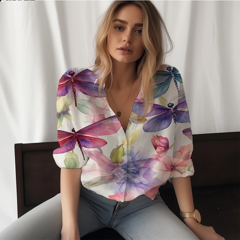 

Summer new ladies shirt Dragonfly 3D printed lady shirt casual style women's shirt fashion trend high -quality lady shirt