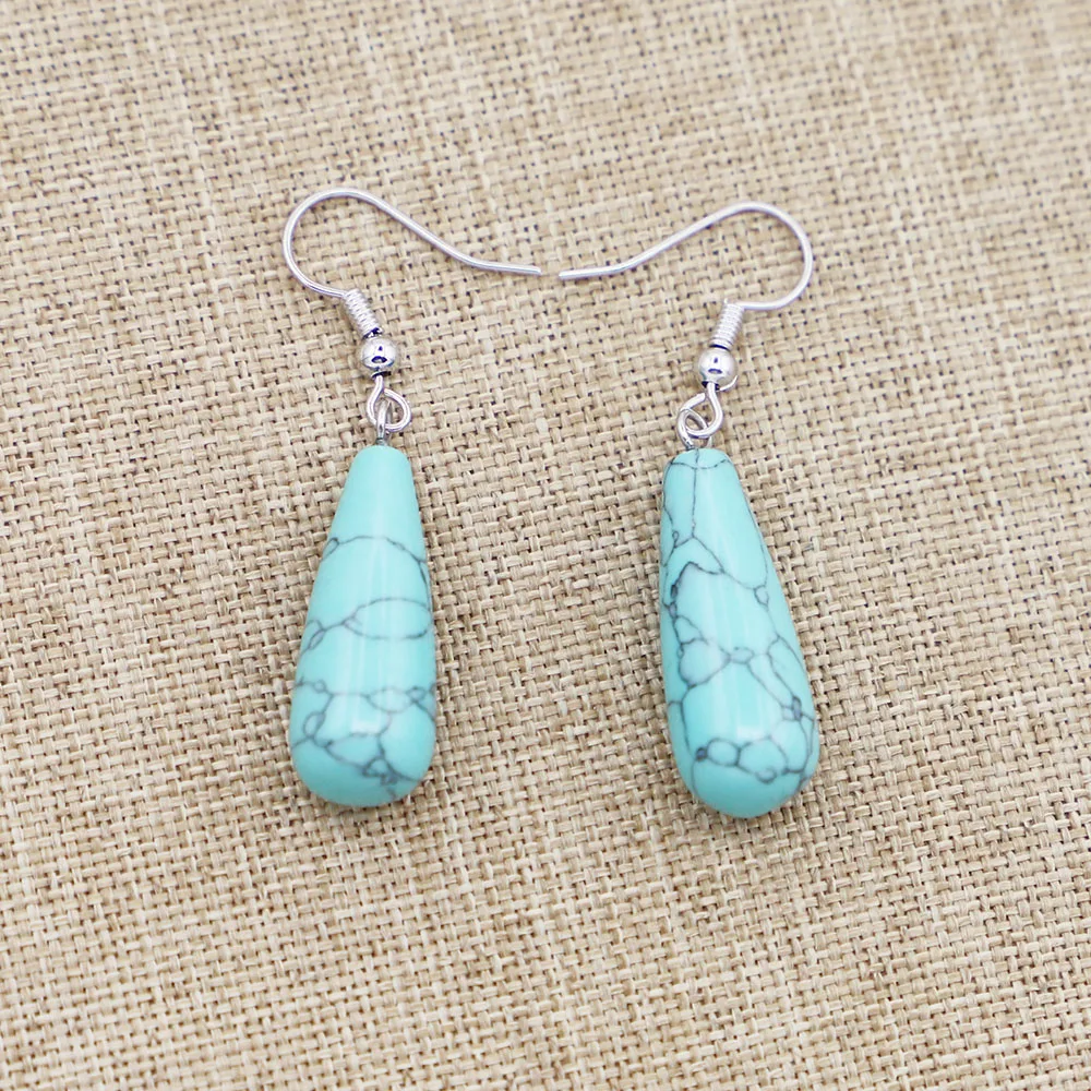 Natural Stone Turquoise Round Water Drop Earrings Pendants Dangle Fashion Charms DIY Necklace Women Party Wedding Jewelry 6Pair