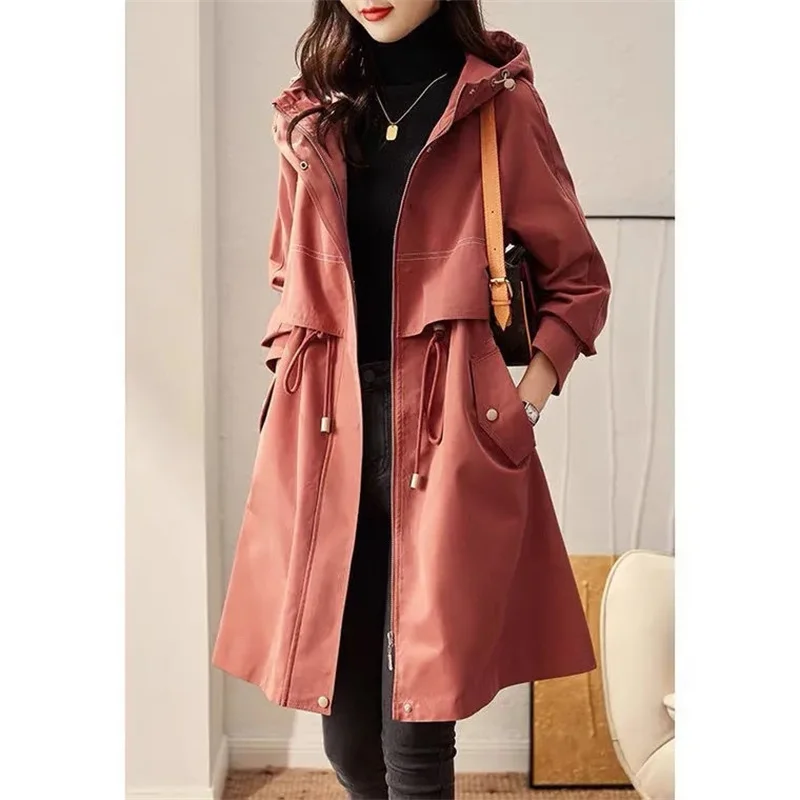 

Korean Women's Windbreaker Spring Autumn Long-sleeved Pockets Lady Outerwear Casual Hooded Waist Drawstring Long Trench Coat
