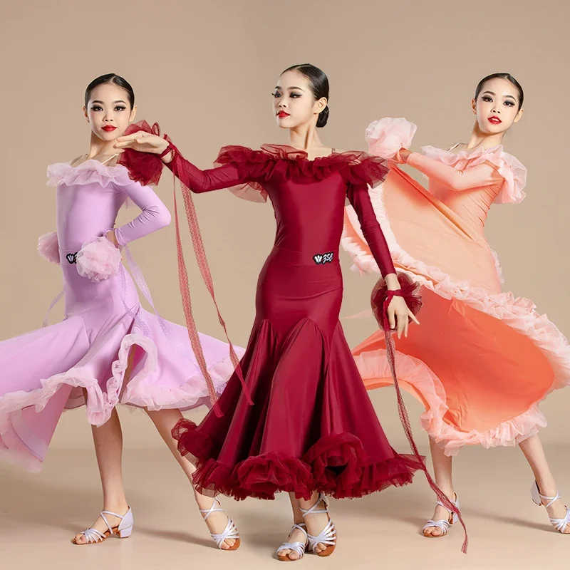 New Modern Dance Skirts National Standard Child Ballroom Dance Waltz Social Long Dresses Competition Performance Costume