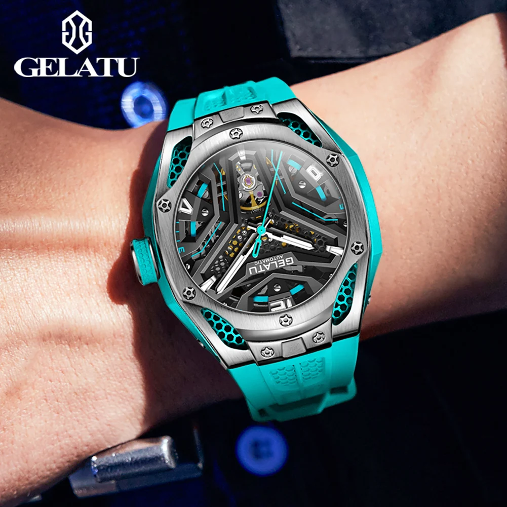 GELATU 6007 Man Watch Fashion Big Dial Mechanical Watch For Men Luminous Hollow Automatic Wristwatch Deep Waterproof Men's Clock