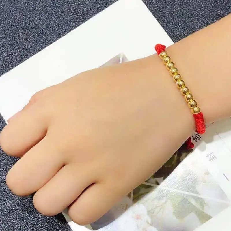 Solid 999 24K Yellow Gold Loose 4mm Beads Women Handmade Red String Beads Bracelet