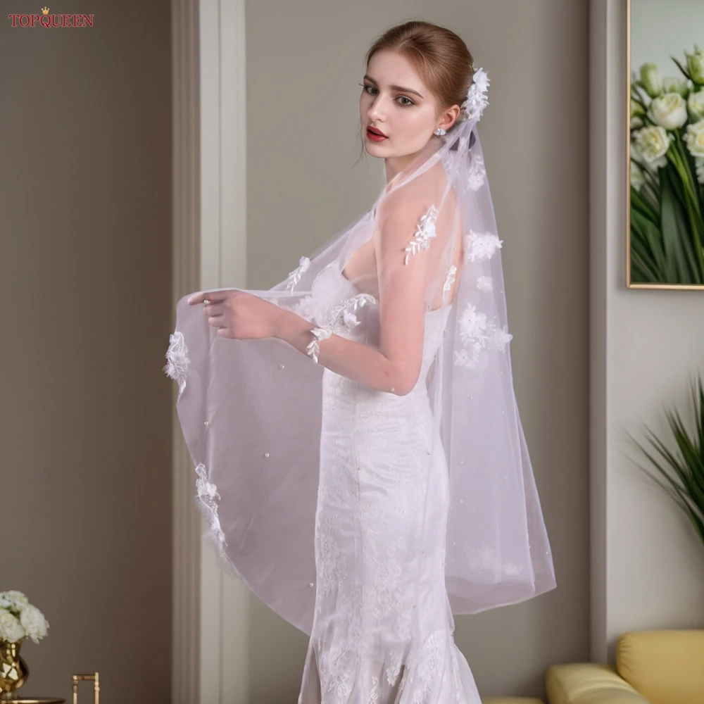 TOPQUEEN V52 3D Flowers Wedding Veil with Pearls Bridal Veils Cathedral Droped Luxury Bridal Veil Veu Long Wedding 5 Meters