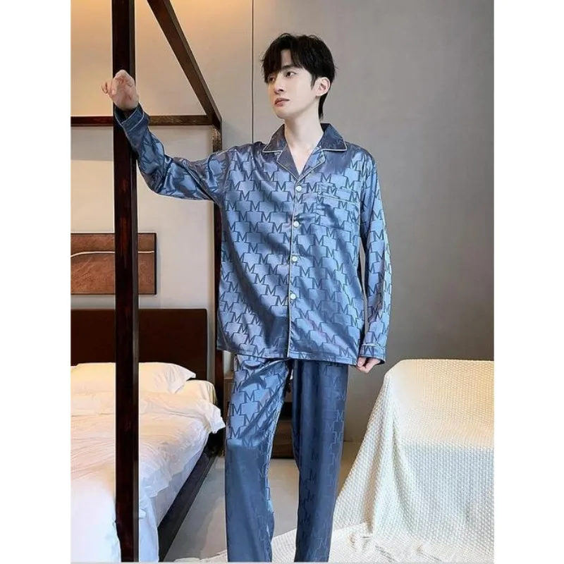 Men Ice Silk Pajamas Spring Autumn Male Long-Sleeved Cardigan High-End Loose Homewear Suit Casual Large Size Nightclothes 2024