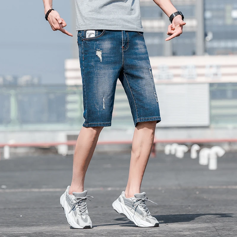 Vintage Stylish Hole Denim Shorts Summer Loose Straight Men's Clothing Korean Zipper Youthful Vitality Pockets Basic Knee Pants