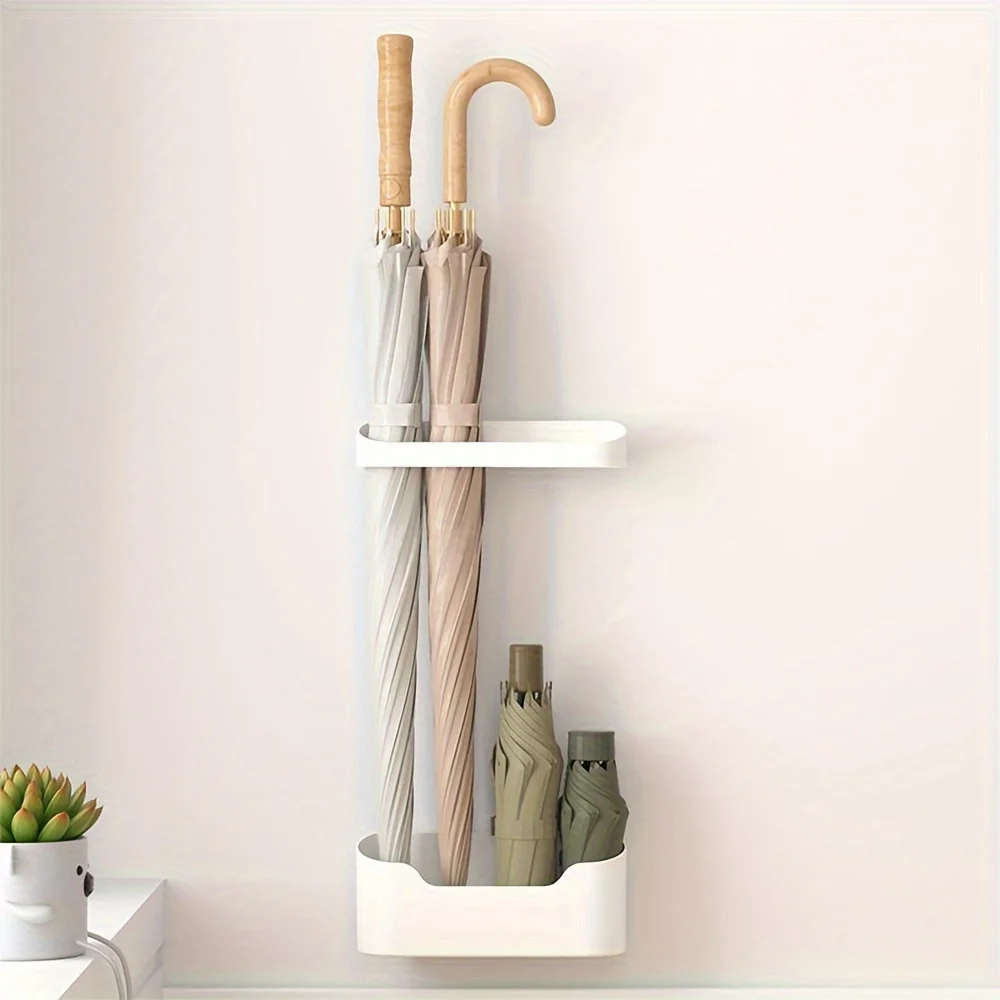 2pcs/1set Wall-mounted Umbrella Holder without Drilling with Drip Tray Modern Long Handle Folding Umbrella Storage Rack