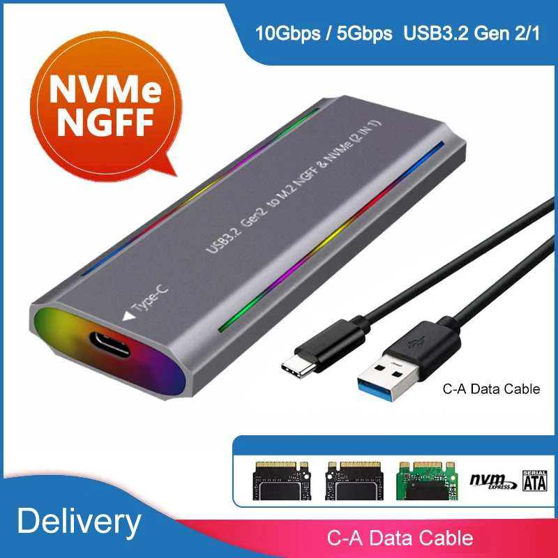 M.2 Solid State USB 3.1 NGFF&NVMe Protocol Hard Disk Box Type-C RGB Light Aluminum Alloy Mobile Hard Disk Box TNP07 external hard drive case ssd enclosure