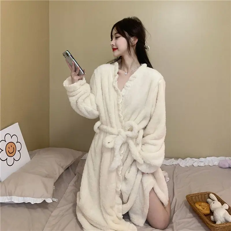 Ruffles Robe for Women Belt Sleepwear Fleece Night Wears Nightdress Winter Pajama Solid Nightgown Long Sleeve Warm Homewear