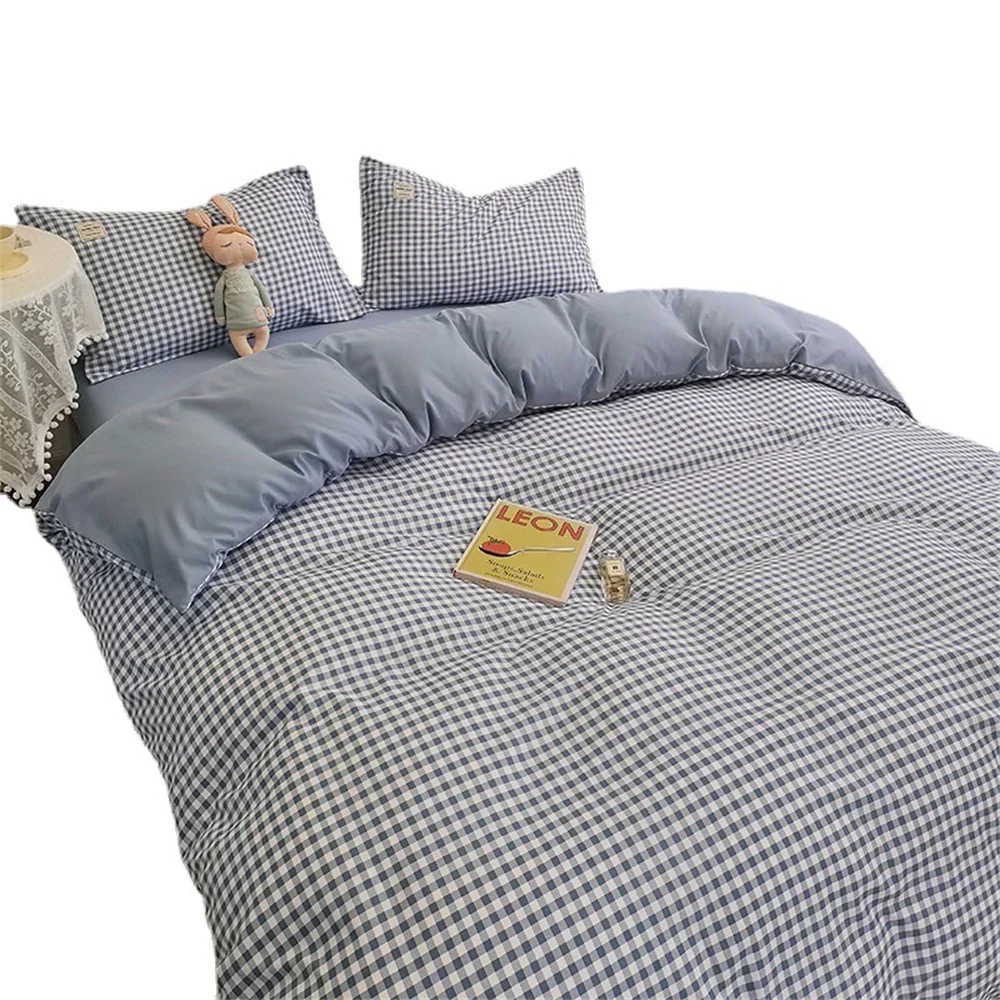 

Checkered washed cotton 4-piece bed sheet set, 4-piece simple quilt set, student dormitory bedding set