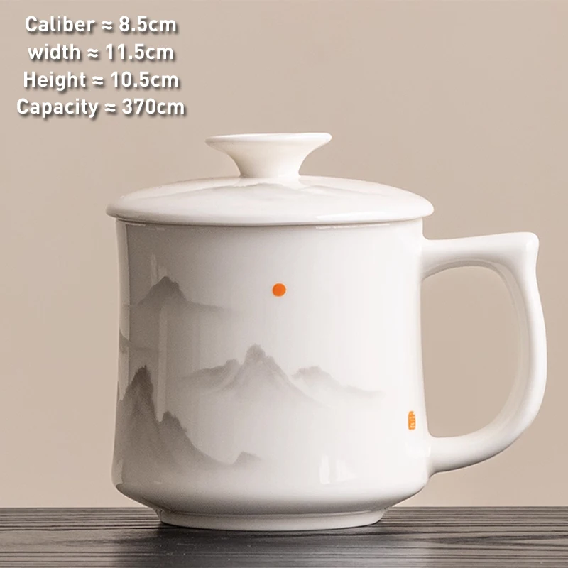 Chinese Style Ceramic With Cover White Porcelain Personal Tea Mugs, Personal Creative Pattern, Milk Water Coffee Cup, 370ml, 1Pc