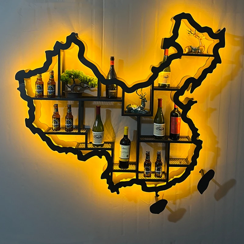 Wine cabinet wall hanging bookshelf wrought iron luminous