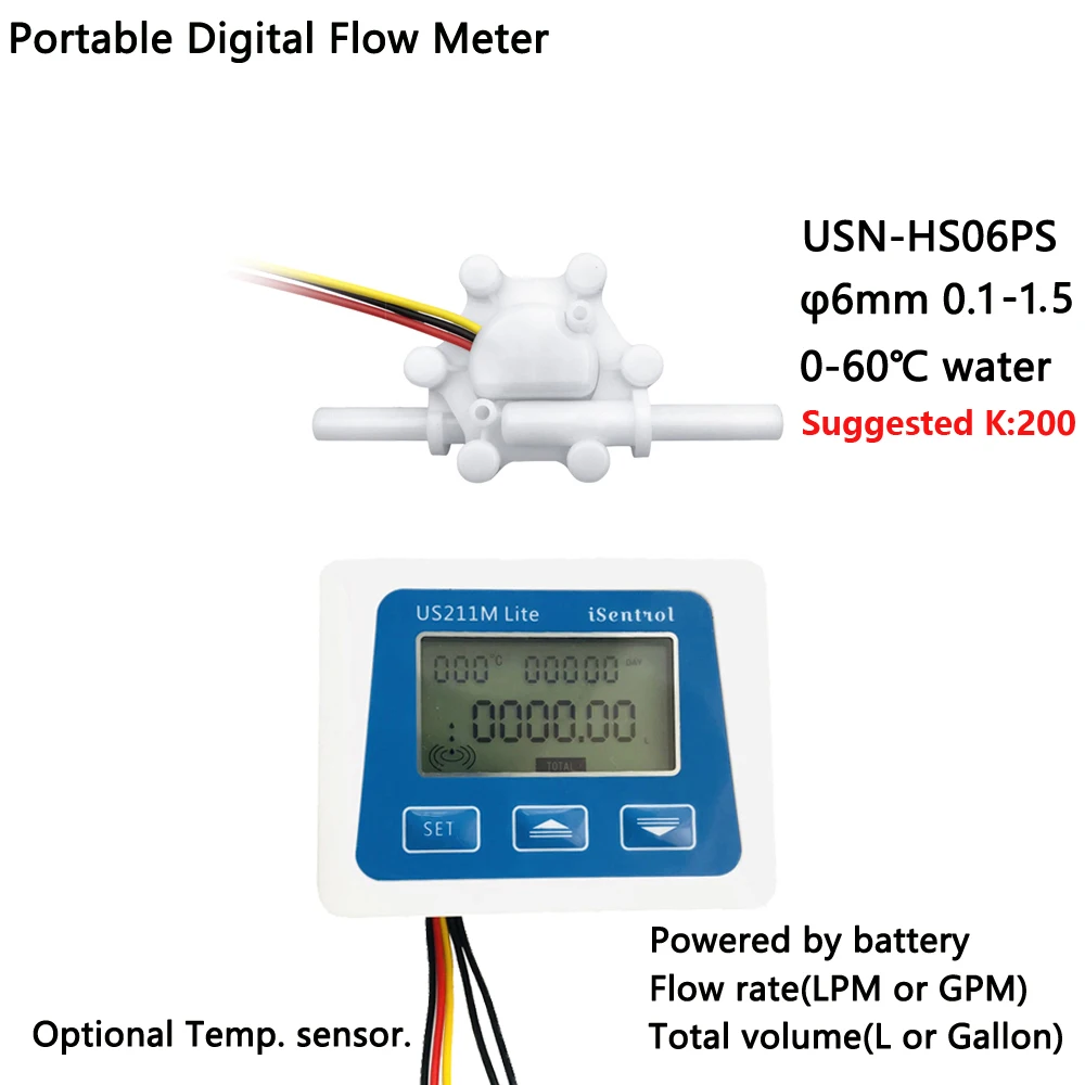 

US211M Lite Portable Digital Flow Meter & USN-HS06PS 0.1-1.5L/min Water Sensor φ6mm POM Plastic iSentrol Zhongjiang Saier