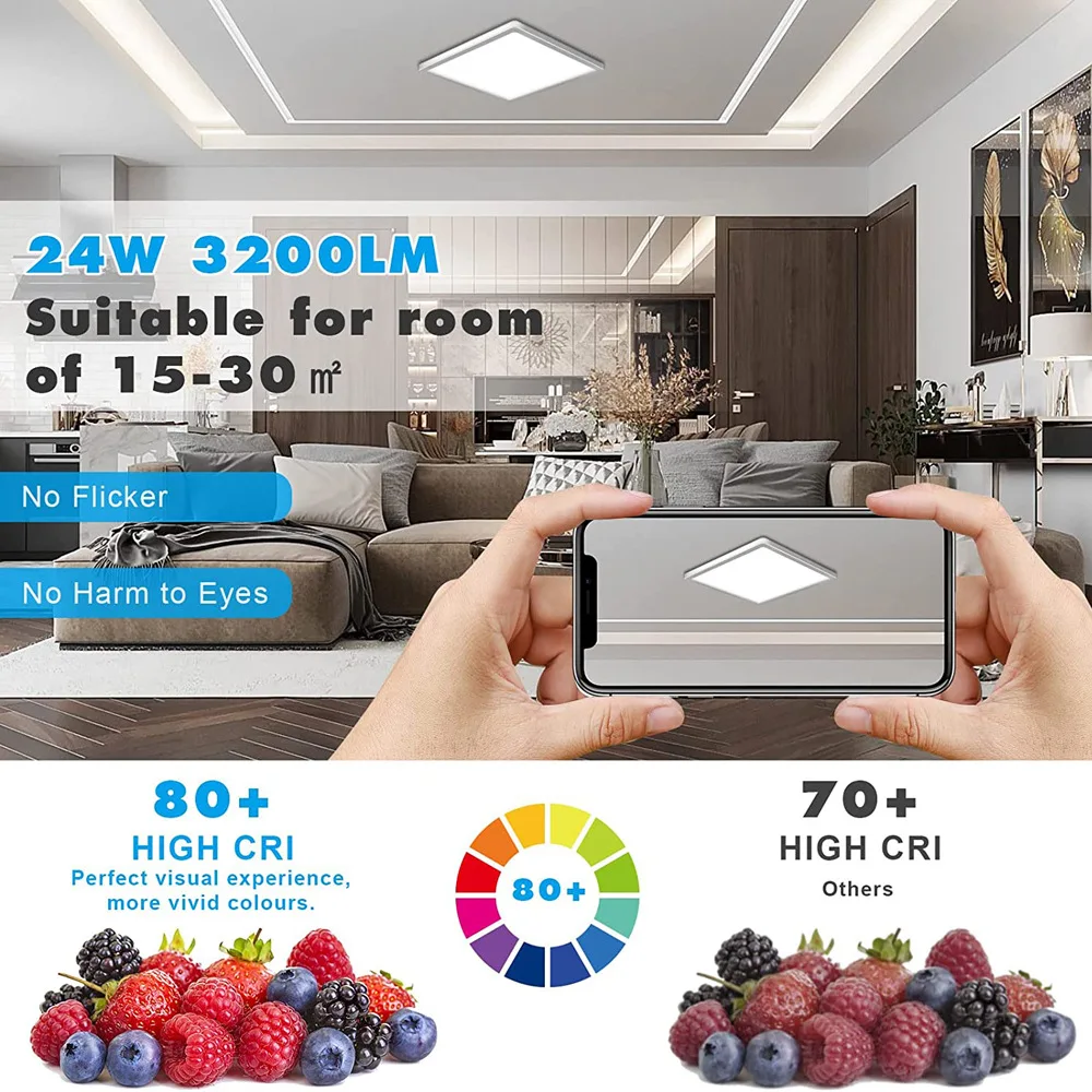 사각형 RGB LED 천장 램프 24W 백라이트 야간 조명 디밍 가능 3000-6500K 리모컨 포함 IP44 방수 룸 데코용