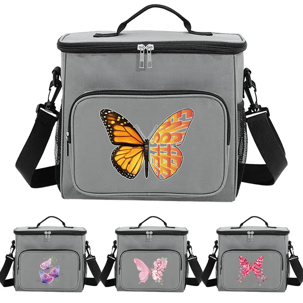 

Lunch Tote Bag for Work Dual-Compartment Insulated Grey Color with Secure Zipper Closure Printing Butterfly Series Dinner Box