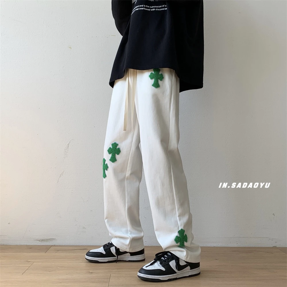 orange sweatpants Embroidered Cross Pattern Harem Pants for Teens Fashion Trends Streetwear Male Jogger Casual Drawstring Sweatpants Mens Clothing red sweatpants