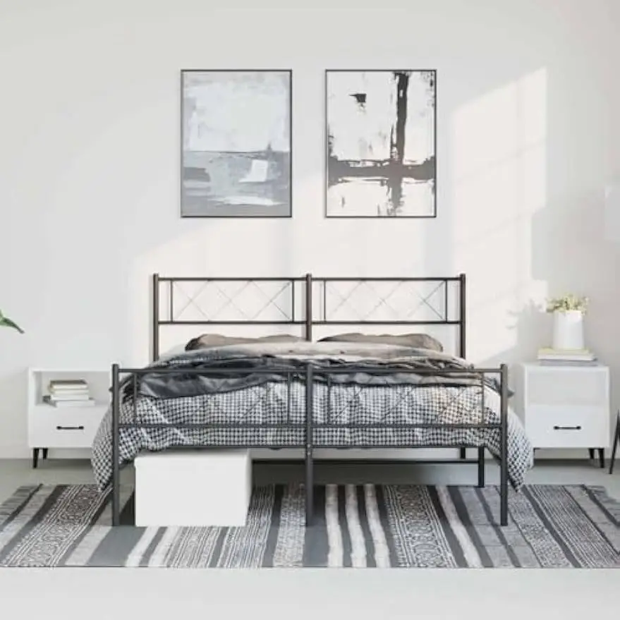Metal Bed Frame Without Mattress with Footboard Black Platform Bed Supportive Mattress Base ﻿ Bedstead 53.1"x74.8"