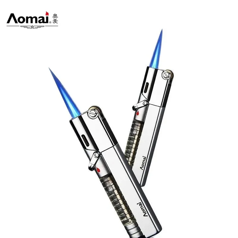 AOMAI металлическая ветрозащитная Бутановая газовая зажигалка поворотное зажигание для улицы Зажигалка для сигар кухонная зажигалка для мужчин