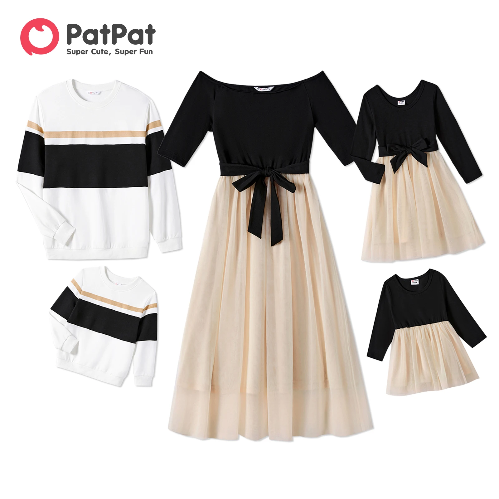 PatPat Family Matching Outfits Black-Almond Mesh Skirt Sets Classic Round Neck Long Sleeve Tops Sets