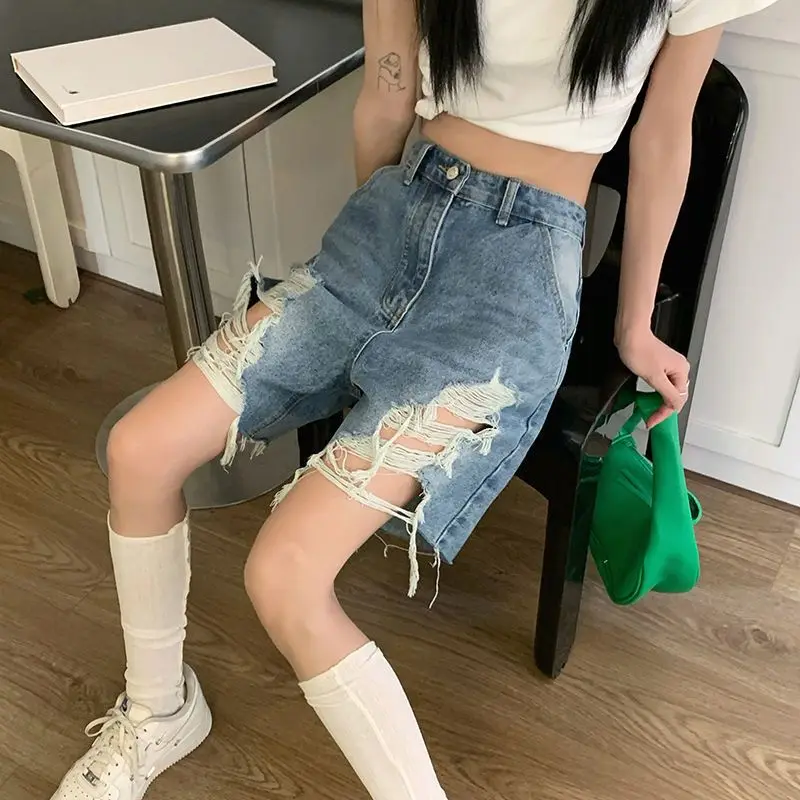 Korean Fashion Irregular Hole Jeans Female Clothing American Retro Summer Thin High Waist Button Zipper Basic Loose Knee Pants